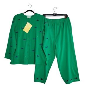 Quacker Factory Whale Embroidered Cardigan Capri Set Kelly Green L 14/16 NEW